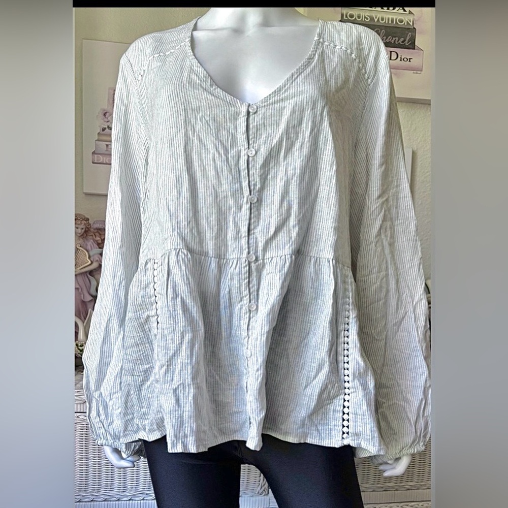 Calligraphie Top linen Button Up blue pinstripes on white Size XL NWT